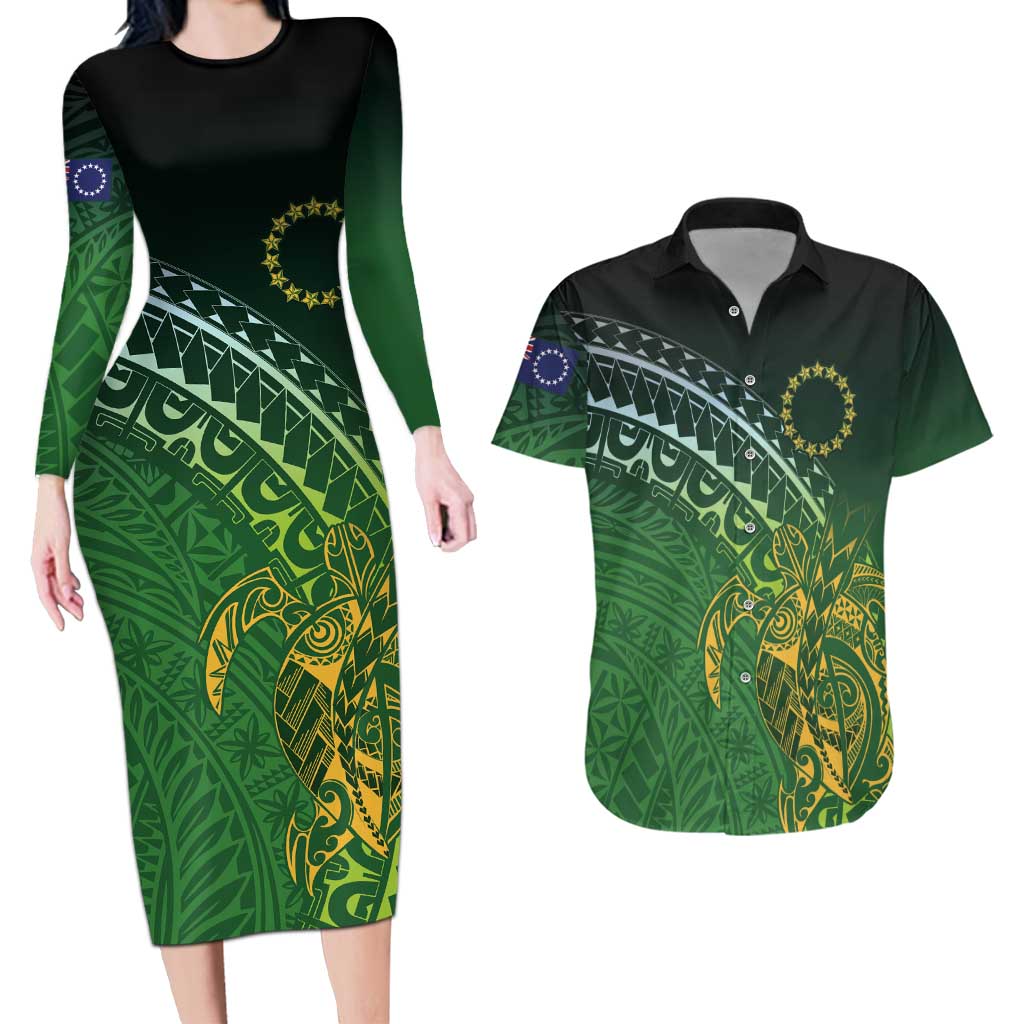 Cook Islands Rugby Kuki Avaiki Couples Matching Long Sleeve Bodycon Dress and Hawaiian Shirt Tribal Turtle - Aussie Hoodie