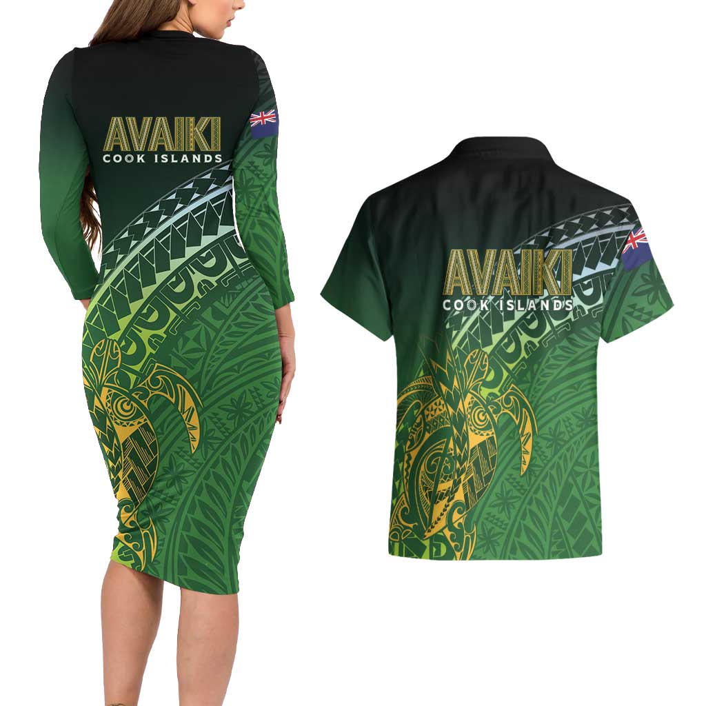 Cook Islands Rugby Kuki Avaiki Couples Matching Long Sleeve Bodycon Dress and Hawaiian Shirt Tribal Turtle - Aussie Hoodie