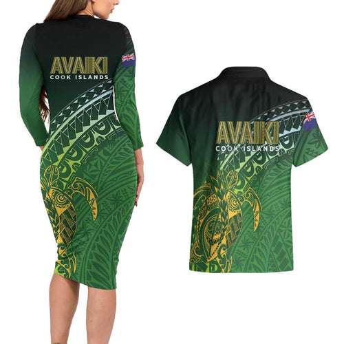 Cook Islands Rugby Kuki Avaiki Couples Matching Long Sleeve Bodycon Dress and Hawaiian Shirt Tribal Turtle - Aussie Hoodie