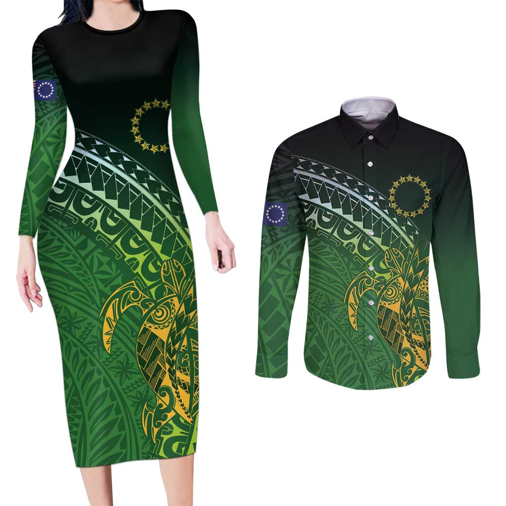 Cook Islands Rugby Kuki Avaiki Couples Matching Long Sleeve Bodycon Dress and Long Sleeve Button Shirt Tribal Turtle - Aussie Hoodie