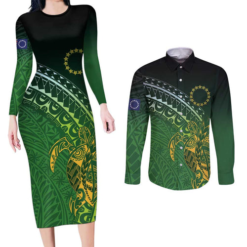 Cook Islands Rugby Kuki Avaiki Couples Matching Long Sleeve Bodycon Dress and Long Sleeve Button Shirt Tribal Turtle - Aussie Hoodie