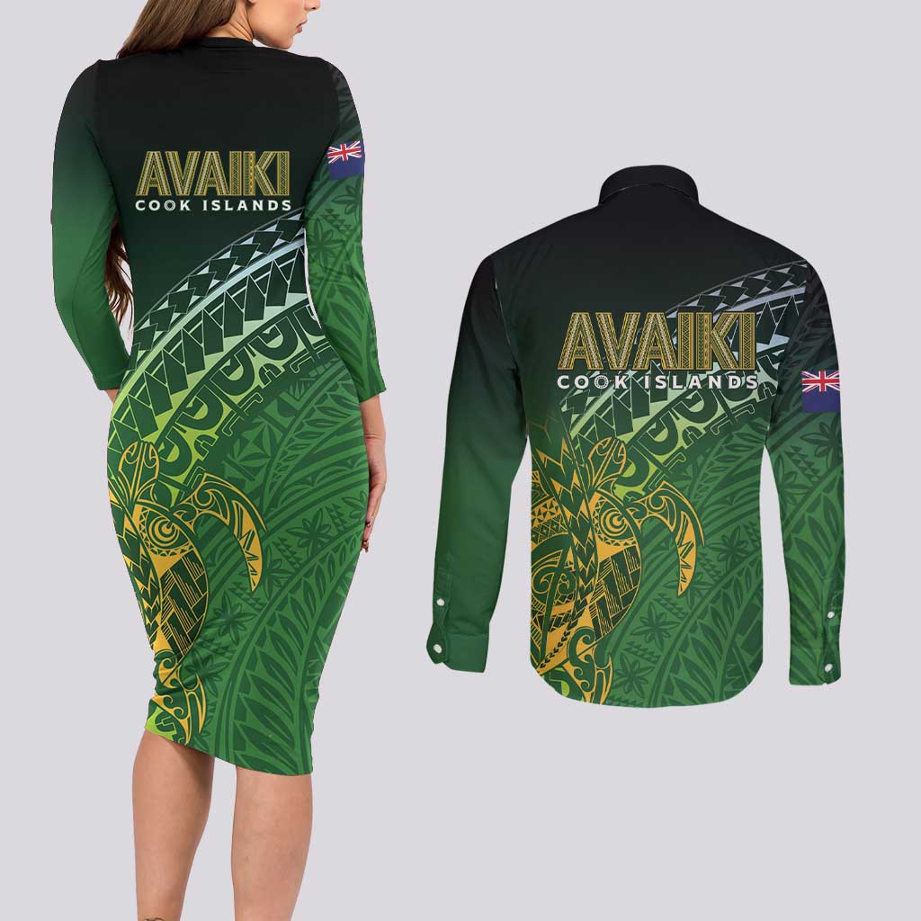 Cook Islands Rugby Kuki Avaiki Couples Matching Long Sleeve Bodycon Dress and Long Sleeve Button Shirt Tribal Turtle - Aussie Hoodie