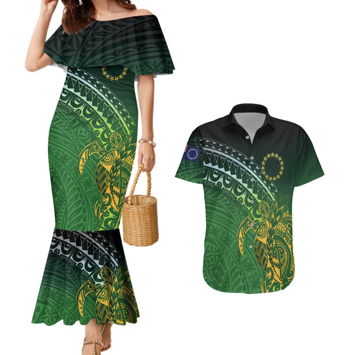 Cook Islands Rugby Kuki Avaiki Couples Matching Mermaid Dress and Hawaiian Shirt Tribal Turtle - Aussie Hoodie