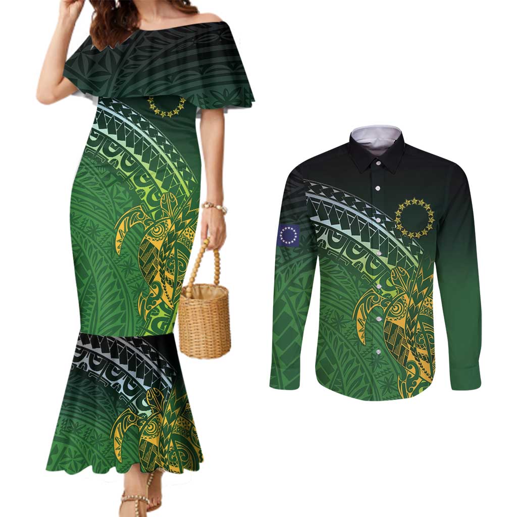 Cook Islands Rugby Kuki Avaiki Couples Matching Mermaid Dress and Long Sleeve Button Shirt Tribal Turtle - Aussie Hoodie