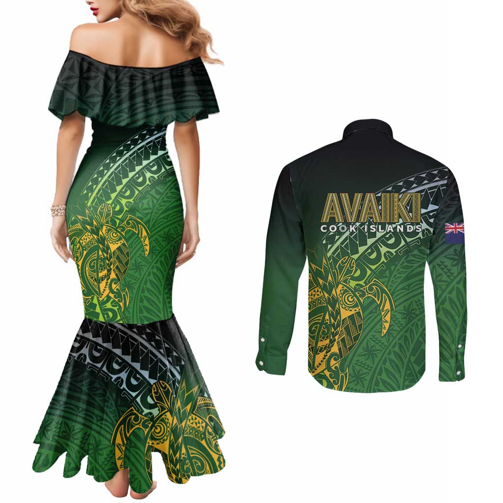 Cook Islands Rugby Kuki Avaiki Couples Matching Mermaid Dress and Long Sleeve Button Shirt Tribal Turtle - Aussie Hoodie