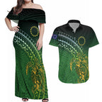 Cook Islands Rugby Kuki Avaiki Couples Matching Off Shoulder Maxi Dress and Hawaiian Shirt Tribal Turtle - Aussie Hoodie