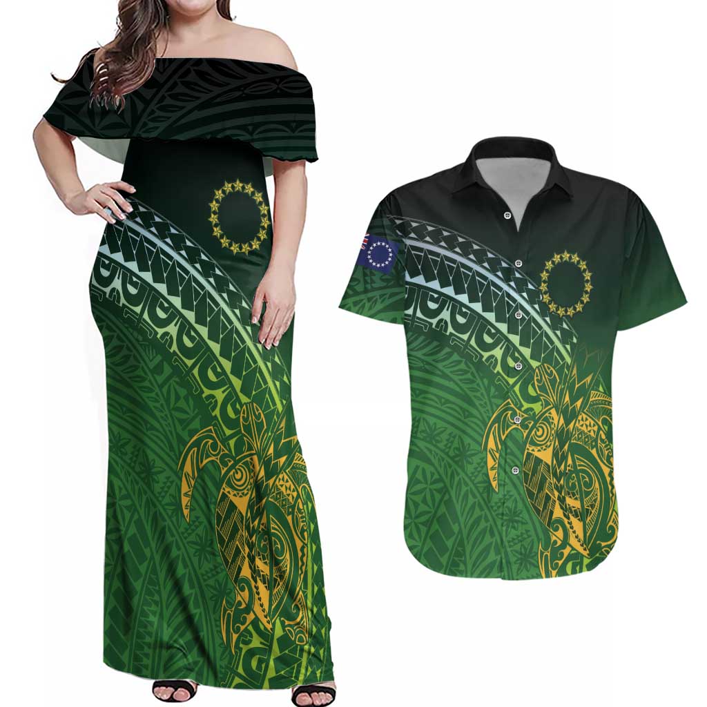 Cook Islands Rugby Kuki Avaiki Couples Matching Off Shoulder Maxi Dress and Hawaiian Shirt Tribal Turtle - Aussie Hoodie