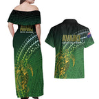 Cook Islands Rugby Kuki Avaiki Couples Matching Off Shoulder Maxi Dress and Hawaiian Shirt Tribal Turtle - Aussie Hoodie