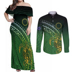 Cook Islands Rugby Kuki Avaiki Couples Matching Off Shoulder Maxi Dress and Long Sleeve Button Shirt Tribal Turtle - Aussie Hoodie