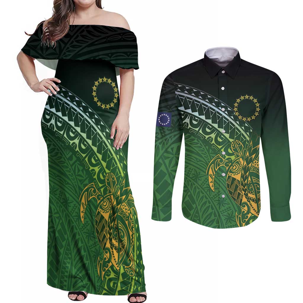 Cook Islands Rugby Kuki Avaiki Couples Matching Off Shoulder Maxi Dress and Long Sleeve Button Shirt Tribal Turtle - Aussie Hoodie