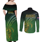 Cook Islands Rugby Kuki Avaiki Couples Matching Off Shoulder Maxi Dress and Long Sleeve Button Shirt Tribal Turtle - Aussie Hoodie