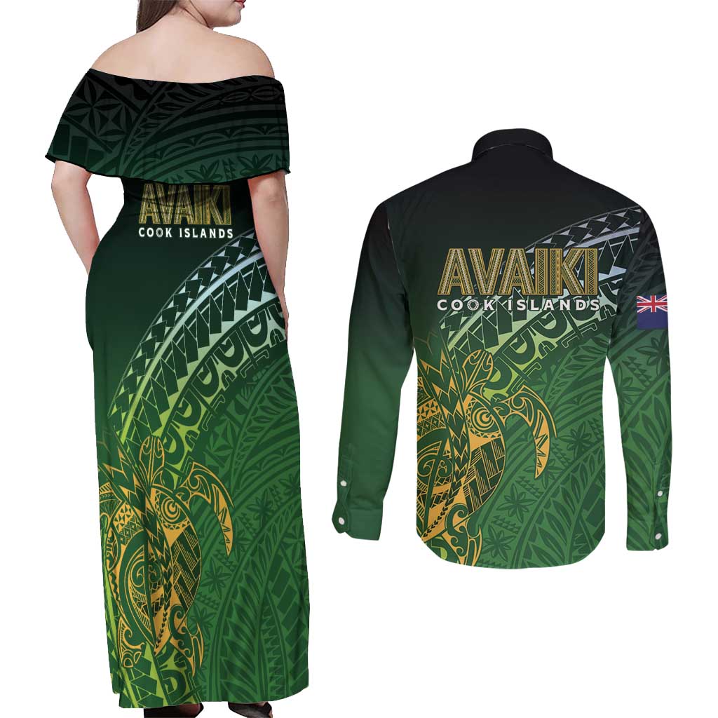 Cook Islands Rugby Kuki Avaiki Couples Matching Off Shoulder Maxi Dress and Long Sleeve Button Shirt Tribal Turtle - Aussie Hoodie