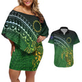 Cook Islands Rugby Kuki Avaiki Couples Matching Off Shoulder Short Dress and Hawaiian Shirt Tribal Turtle - Aussie Hoodie