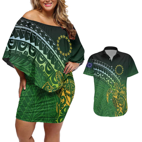 Cook Islands Rugby Kuki Avaiki Couples Matching Off Shoulder Short Dress and Hawaiian Shirt Tribal Turtle - Aussie Hoodie