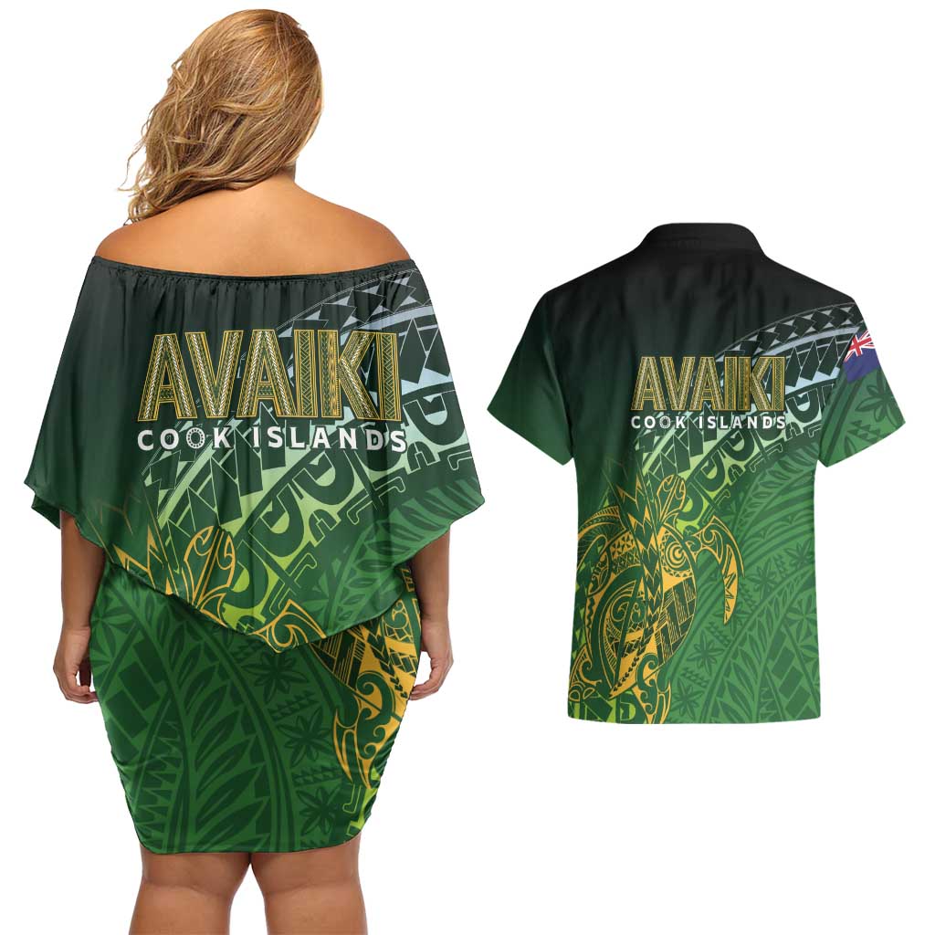 Cook Islands Rugby Kuki Avaiki Couples Matching Off Shoulder Short Dress and Hawaiian Shirt Tribal Turtle - Aussie Hoodie