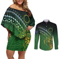 Cook Islands Rugby Kuki Avaiki Couples Matching Off Shoulder Short Dress and Long Sleeve Button Shirt Tribal Turtle - Aussie Hoodie