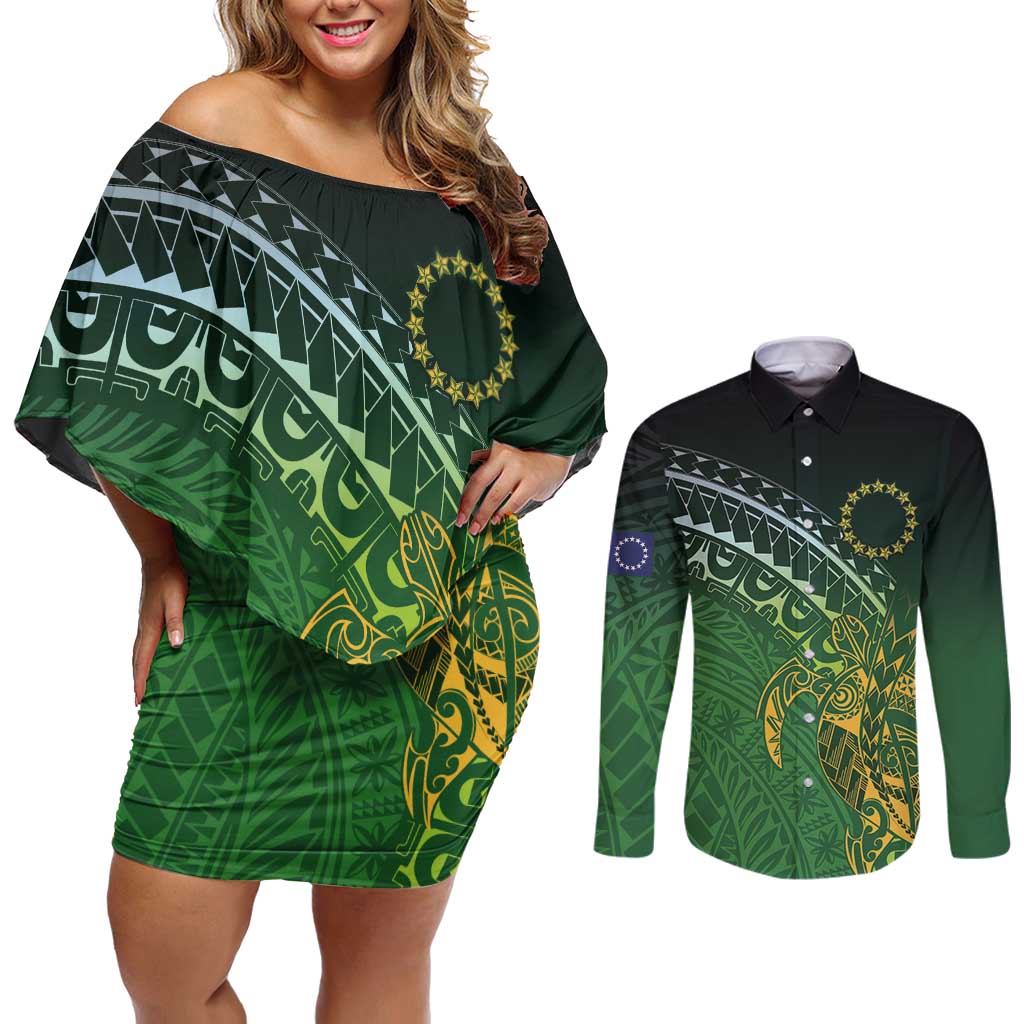 Cook Islands Rugby Kuki Avaiki Couples Matching Off Shoulder Short Dress and Long Sleeve Button Shirt Tribal Turtle - Aussie Hoodie