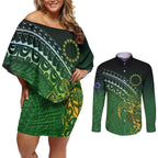 Cook Islands Rugby Kuki Avaiki Couples Matching Off Shoulder Short Dress and Long Sleeve Button Shirt Tribal Turtle - Aussie Hoodie