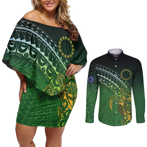 Cook Islands Rugby Kuki Avaiki Couples Matching Off Shoulder Short Dress and Long Sleeve Button Shirt Tribal Turtle - Aussie Hoodie