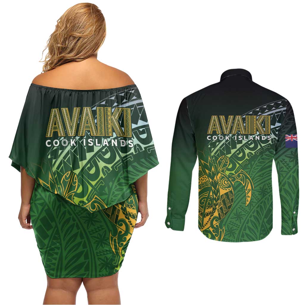 Cook Islands Rugby Kuki Avaiki Couples Matching Off Shoulder Short Dress and Long Sleeve Button Shirt Tribal Turtle - Aussie Hoodie