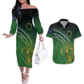 Cook Islands Rugby Kuki Avaiki Couples Matching Off The Shoulder Long Sleeve Dress and Hawaiian Shirt Tribal Turtle - Aussie Hoodie