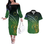 Cook Islands Rugby Kuki Avaiki Couples Matching Off The Shoulder Long Sleeve Dress and Hawaiian Shirt Tribal Turtle - Aussie Hoodie
