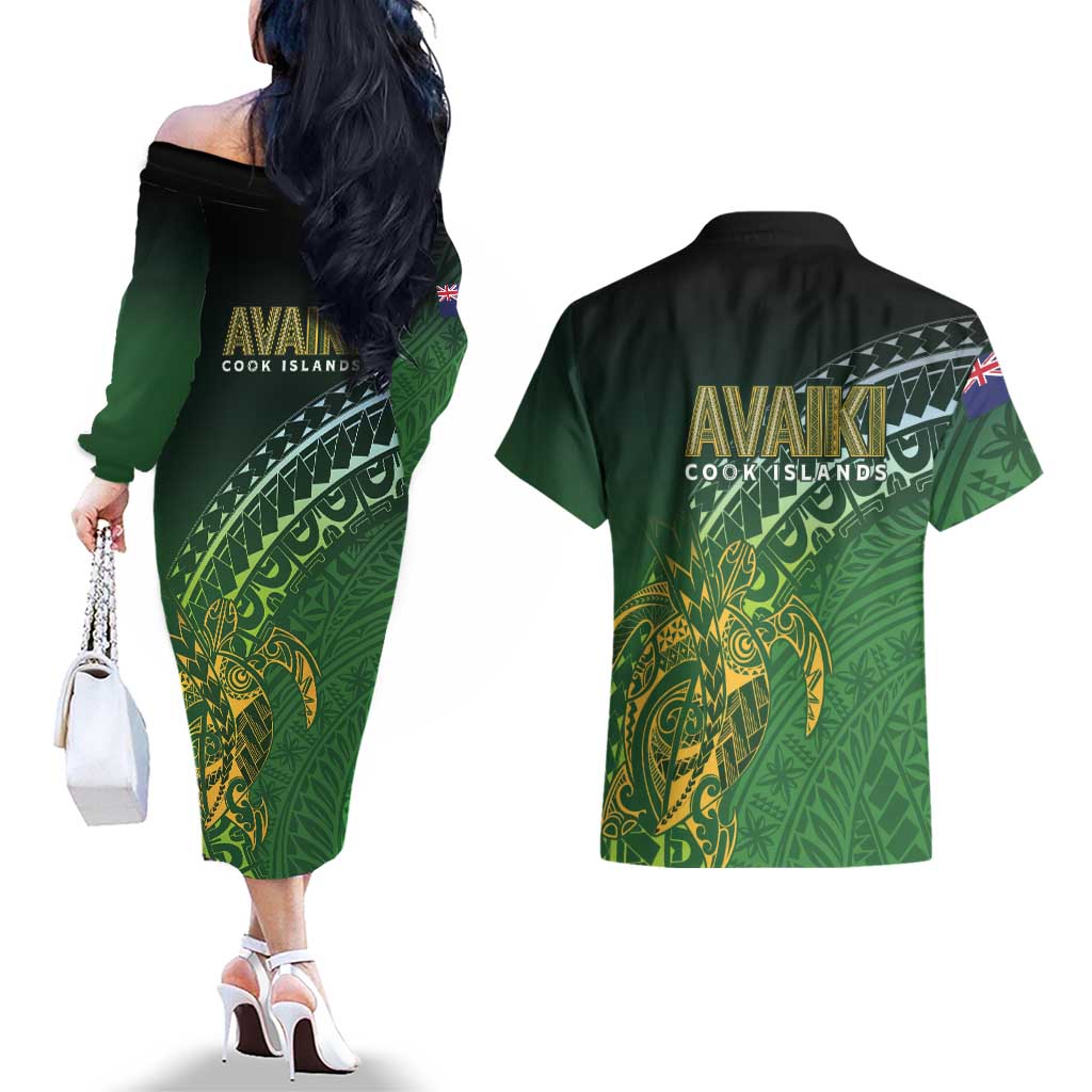 Cook Islands Rugby Kuki Avaiki Couples Matching Off The Shoulder Long Sleeve Dress and Hawaiian Shirt Tribal Turtle - Aussie Hoodie