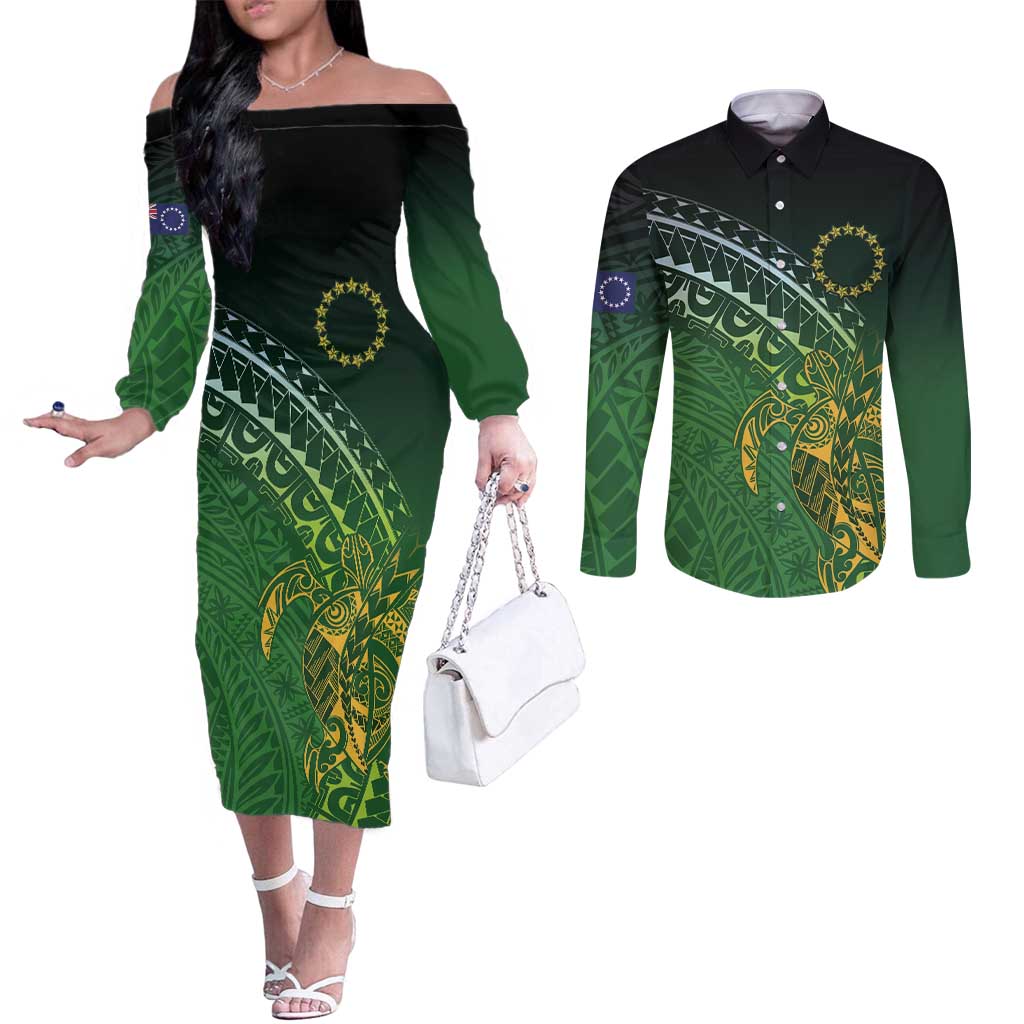 Cook Islands Rugby Kuki Avaiki Couples Matching Off The Shoulder Long Sleeve Dress and Long Sleeve Button Shirt Tribal Turtle - Aussie Hoodie