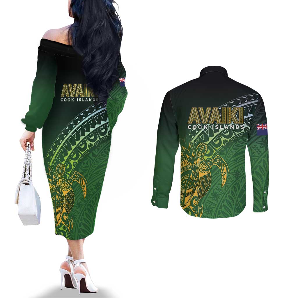Cook Islands Rugby Kuki Avaiki Couples Matching Off The Shoulder Long Sleeve Dress and Long Sleeve Button Shirt Tribal Turtle - Aussie Hoodie