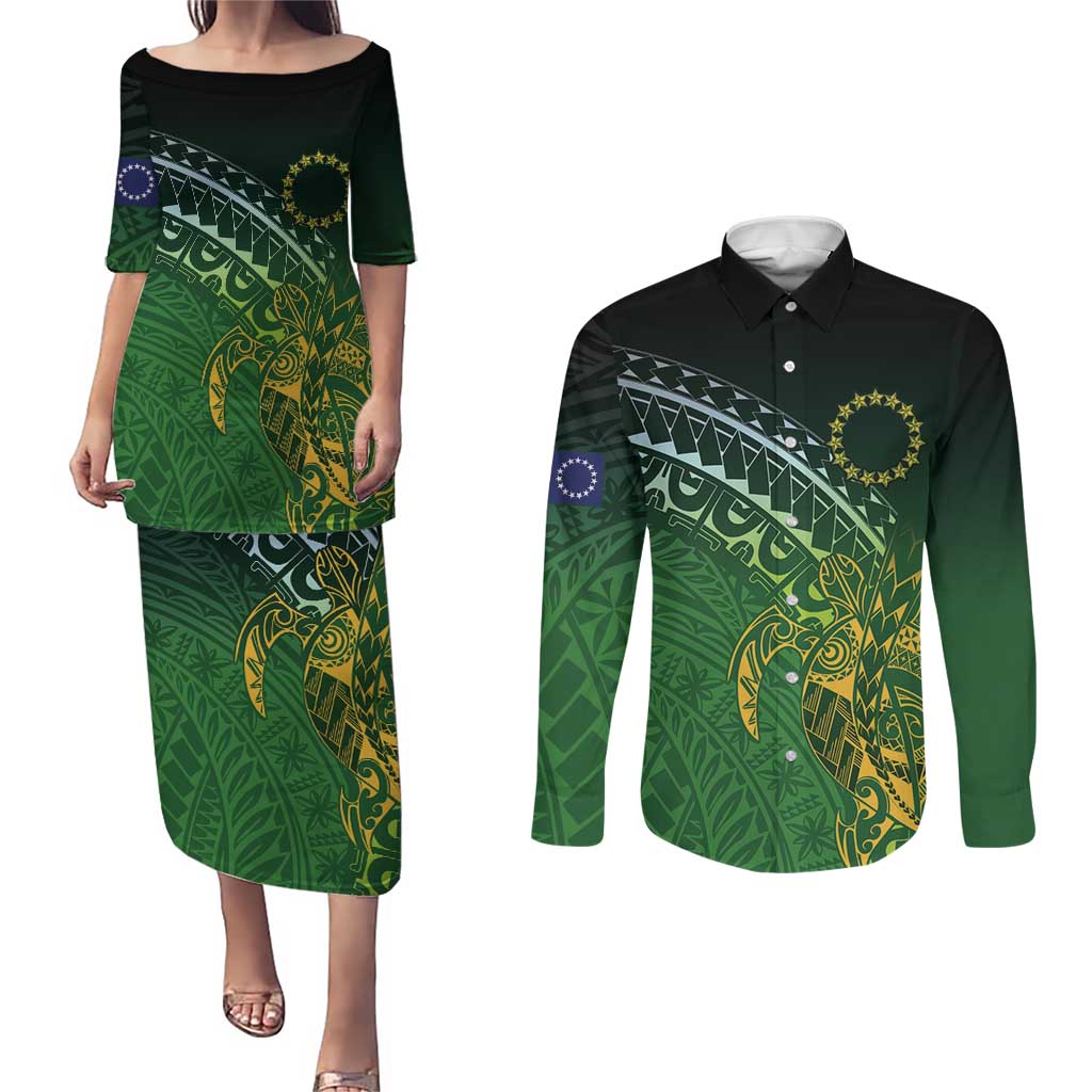 Cook Islands Rugby Kuki Avaiki Couples Matching Puletasi and Long Sleeve Button Shirt Tribal Turtle - Aussie Hoodie