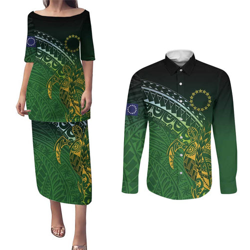 Cook Islands Rugby Kuki Avaiki Couples Matching Puletasi and Long Sleeve Button Shirt Tribal Turtle - Aussie Hoodie