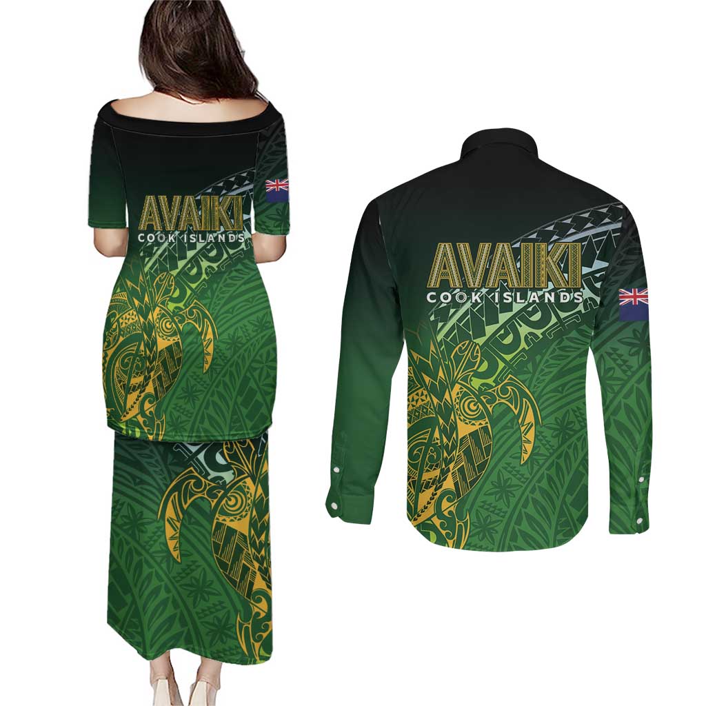 Cook Islands Rugby Kuki Avaiki Couples Matching Puletasi and Long Sleeve Button Shirt Tribal Turtle - Aussie Hoodie