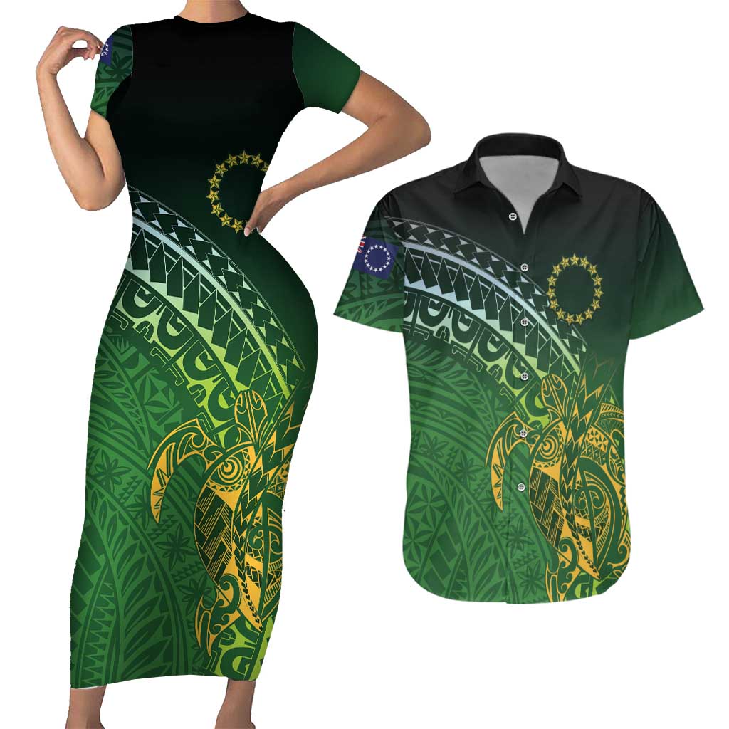 Cook Islands Rugby Kuki Avaiki Couples Matching Short Sleeve Bodycon Dress and Hawaiian Shirt Tribal Turtle - Aussie Hoodie