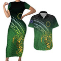 Cook Islands Rugby Kuki Avaiki Couples Matching Short Sleeve Bodycon Dress and Hawaiian Shirt Tribal Turtle - Aussie Hoodie