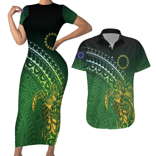 Cook Islands Rugby Kuki Avaiki Couples Matching Short Sleeve Bodycon Dress and Hawaiian Shirt Tribal Turtle - Aussie Hoodie