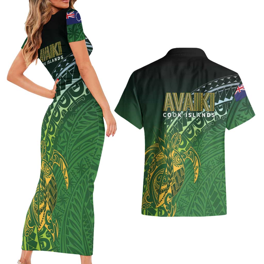 Cook Islands Rugby Kuki Avaiki Couples Matching Short Sleeve Bodycon Dress and Hawaiian Shirt Tribal Turtle - Aussie Hoodie
