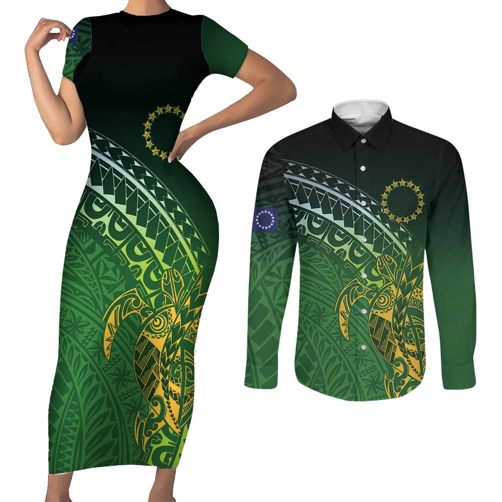 Cook Islands Rugby Kuki Avaiki Couples Matching Short Sleeve Bodycon Dress and Long Sleeve Button Shirt Tribal Turtle - Aussie Hoodie