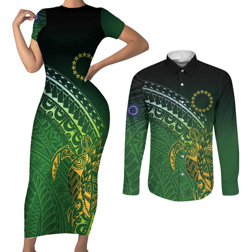 Cook Islands Rugby Kuki Avaiki Couples Matching Short Sleeve Bodycon Dress and Long Sleeve Button Shirt Tribal Turtle - Aussie Hoodie