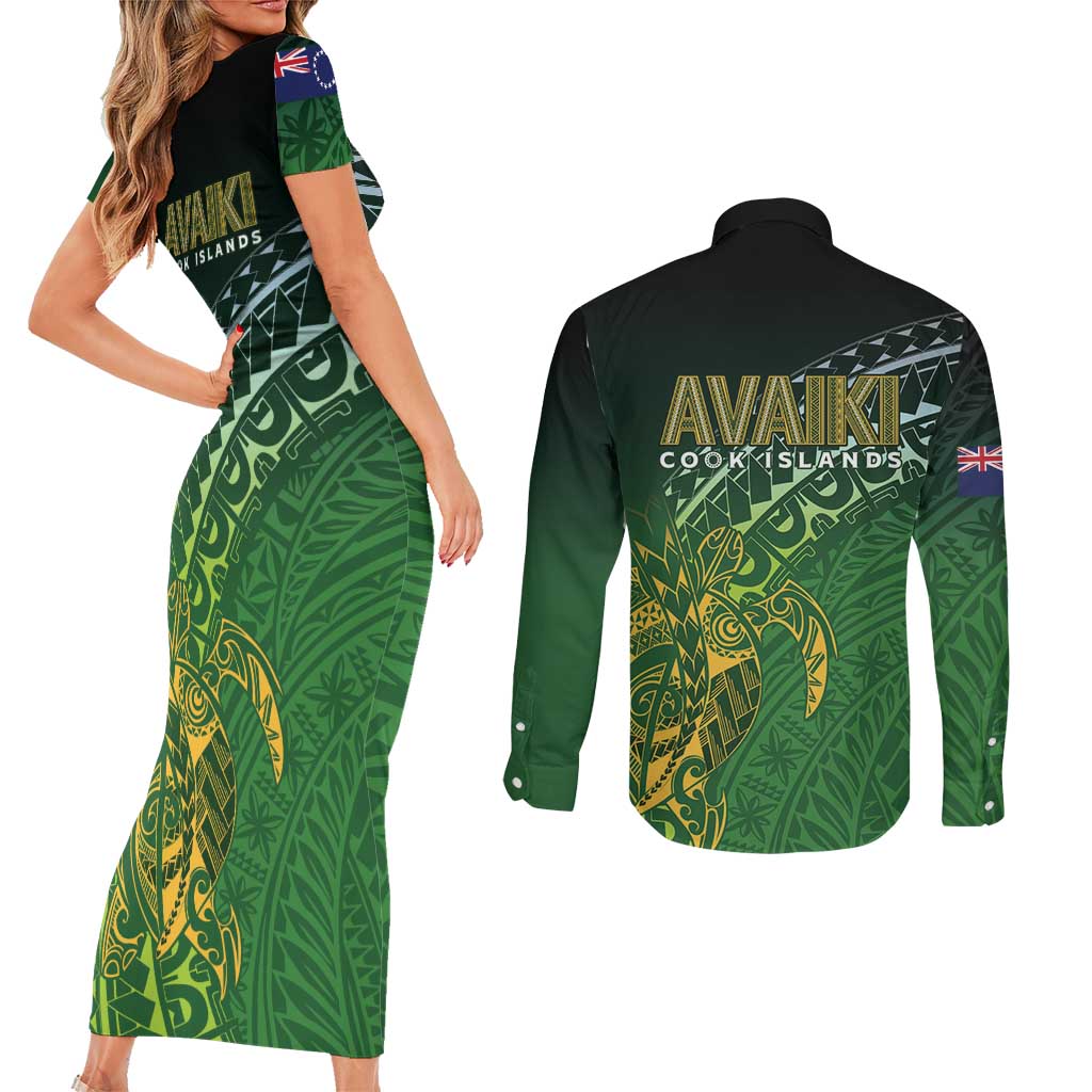 Cook Islands Rugby Kuki Avaiki Couples Matching Short Sleeve Bodycon Dress and Long Sleeve Button Shirt Tribal Turtle - Aussie Hoodie
