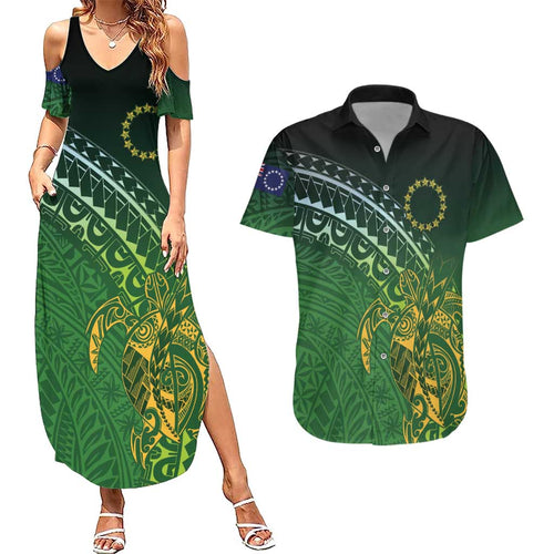 Cook Islands Rugby Kuki Avaiki Couples Matching Summer Maxi Dress and Hawaiian Shirt Tribal Turtle - Aussie Hoodie