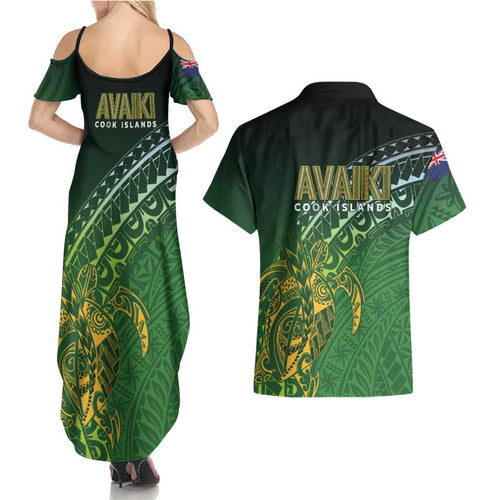 Cook Islands Rugby Kuki Avaiki Couples Matching Summer Maxi Dress and Hawaiian Shirt Tribal Turtle - Aussie Hoodie