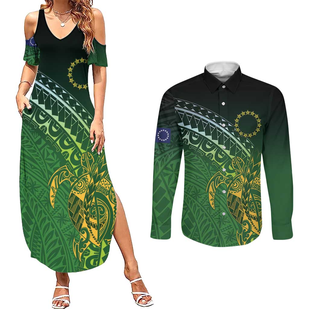 Cook Islands Rugby Kuki Avaiki Couples Matching Summer Maxi Dress and Long Sleeve Button Shirt Tribal Turtle - Aussie Hoodie