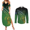 Cook Islands Rugby Kuki Avaiki Couples Matching Summer Maxi Dress and Long Sleeve Button Shirt Tribal Turtle - Aussie Hoodie