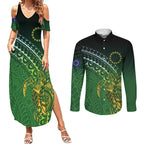 Cook Islands Rugby Kuki Avaiki Couples Matching Summer Maxi Dress and Long Sleeve Button Shirt Tribal Turtle - Aussie Hoodie