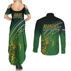 Cook Islands Rugby Kuki Avaiki Couples Matching Summer Maxi Dress and Long Sleeve Button Shirt Tribal Turtle - Aussie Hoodie