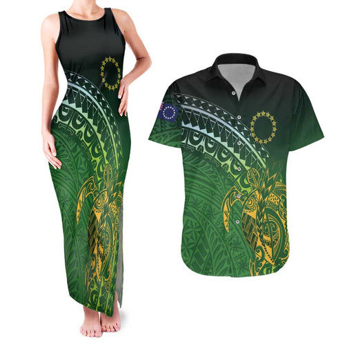 Cook Islands Rugby Kuki Avaiki Couples Matching Tank Maxi Dress and Hawaiian Shirt Tribal Turtle - Aussie Hoodie