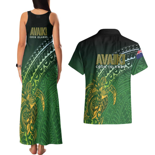 Cook Islands Rugby Kuki Avaiki Couples Matching Tank Maxi Dress and Hawaiian Shirt Tribal Turtle - Aussie Hoodie