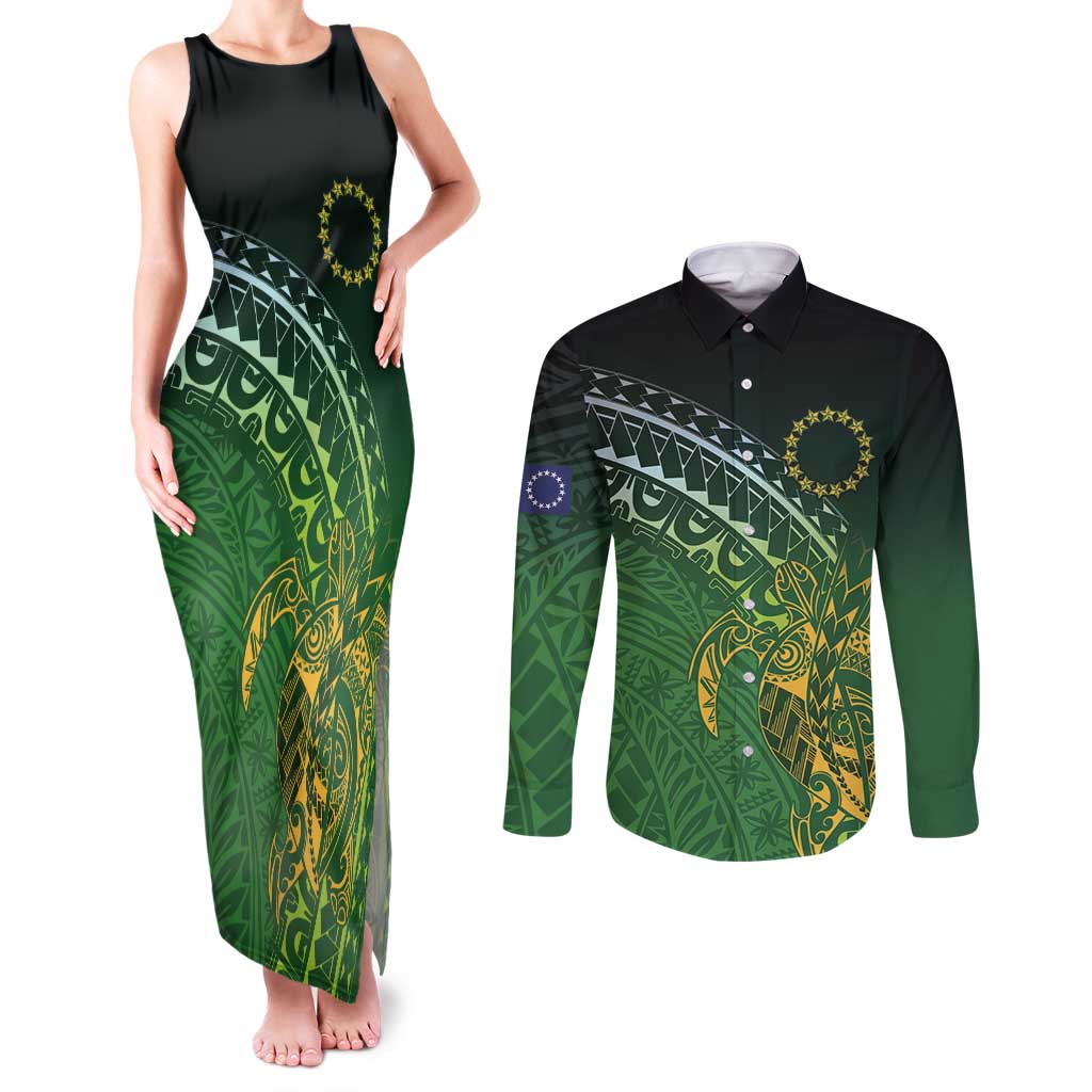 Cook Islands Rugby Kuki Avaiki Couples Matching Tank Maxi Dress and Long Sleeve Button Shirt Tribal Turtle - Aussie Hoodie