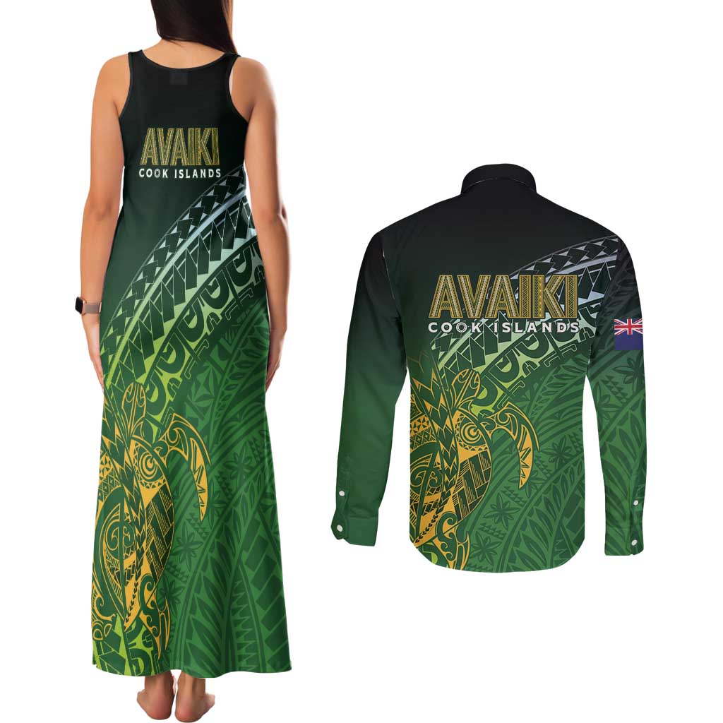 Cook Islands Rugby Kuki Avaiki Couples Matching Tank Maxi Dress and Long Sleeve Button Shirt Tribal Turtle - Aussie Hoodie