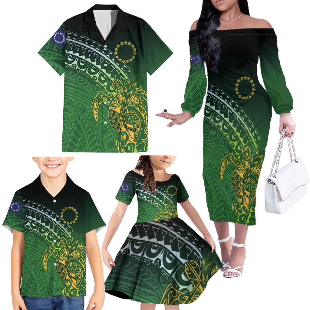 Cook Islands Rugby Kuki Avaiki Family Matching Off The Shoulder Long Sleeve Dress and Hawaiian Shirt Tribal Turtle - Aussie Hoodie